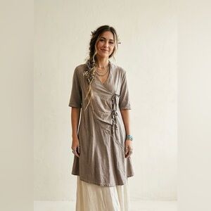 Prairie Underground Taupe Asymmetric Wrap Tunic Dress- Organic cotton & Hemp